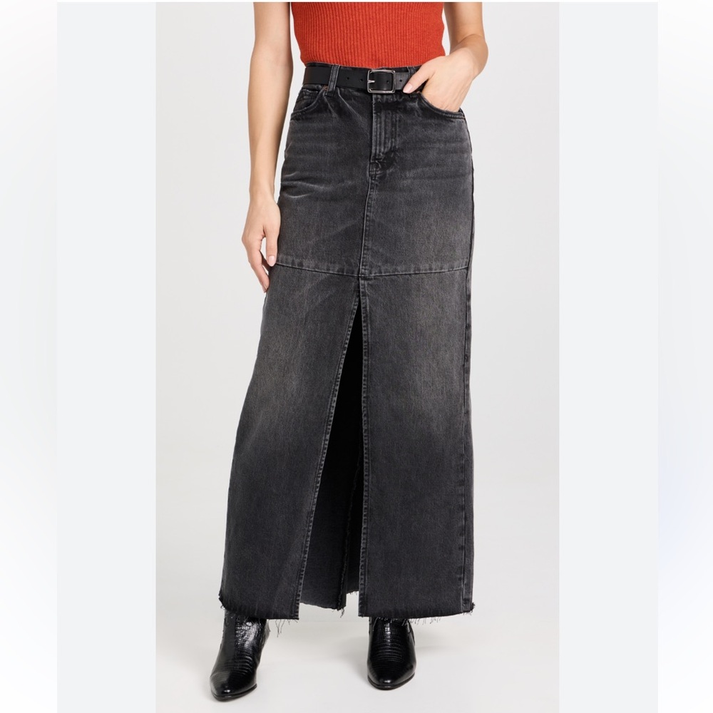 Reformation Charcoal Black Washed Denim Maxi Skirt with Front Slit